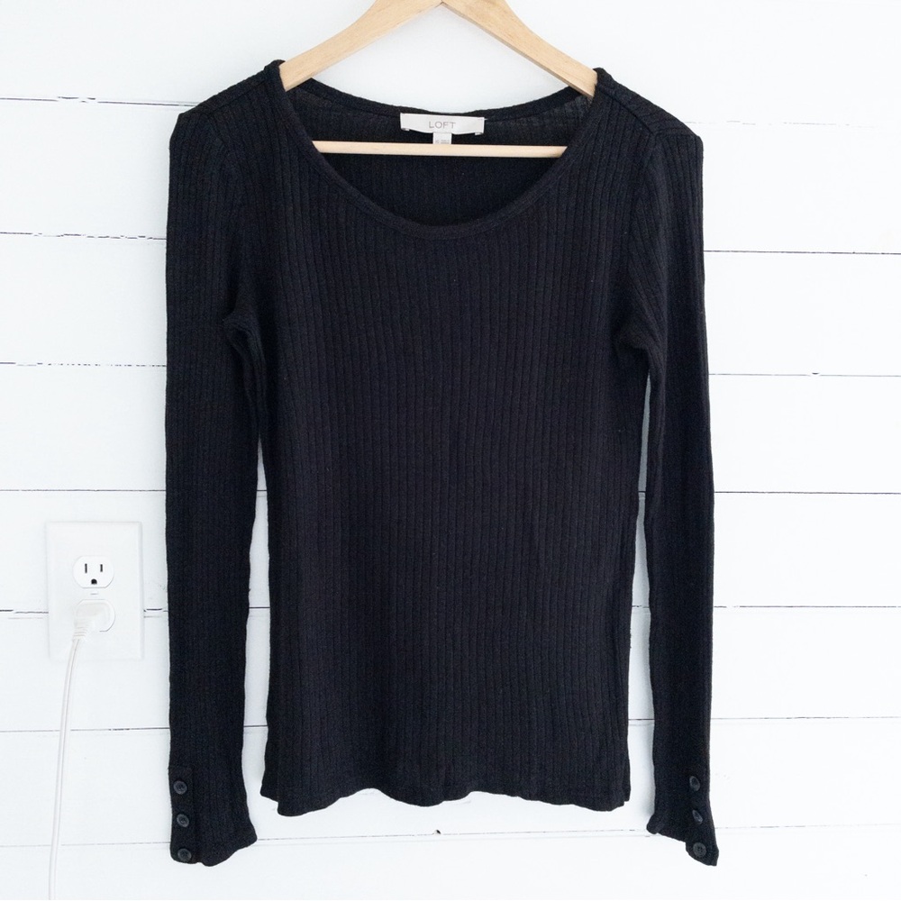 Loft Black Ribbed Button Cuff Sweater